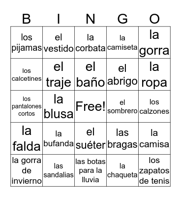 la ropa Bingo Card