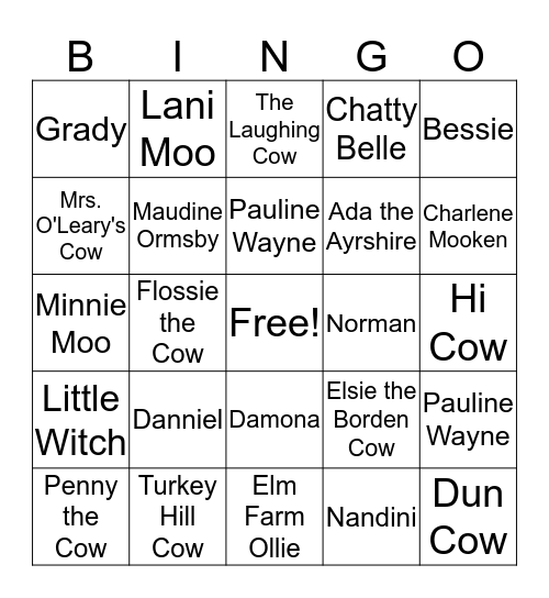 Famous Cows Bingo Card