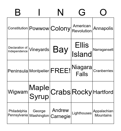 The Northeast Bingo Card