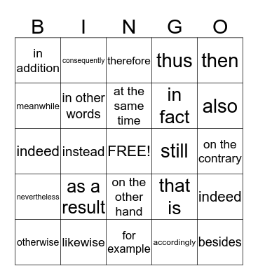 transition word Bingo Card