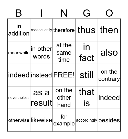 transition word Bingo Card