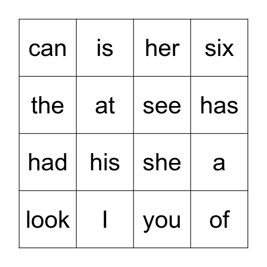 Sight Word Bingo Card