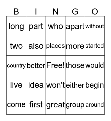 2nd Grade - Unit 3 Bingo Card