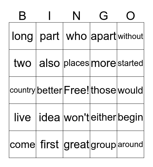 2nd Grade - Unit 3 Bingo Card