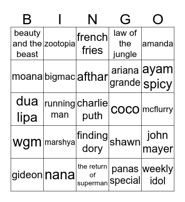 veyin Bingo Card