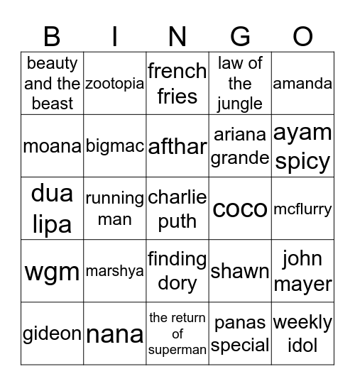 veyin Bingo Card