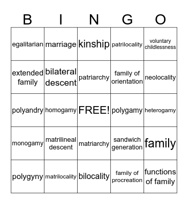 Sociology Chapter 12 Family Bingo Card