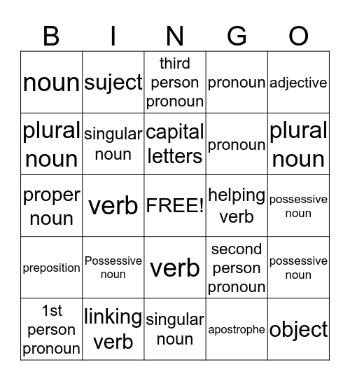 Grammar Bingo Card