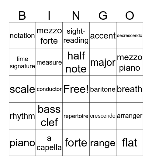 Music Vocabulary Bingo Card