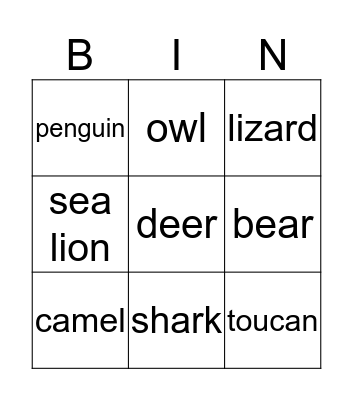 Animal Bingo Card