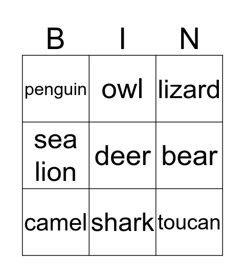 Animal Bingo Card