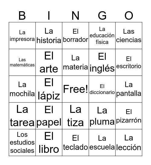 Bingo de vocabulario Bingo Card