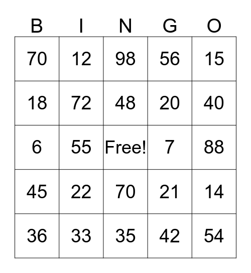 Multiplication Bingo  Bingo Card