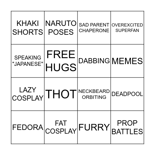 Weeb Bingo Card