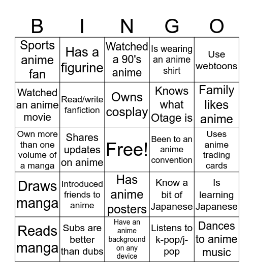 Anime Club Bingo Card