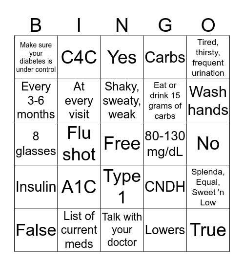 Diabetes Bingo Card