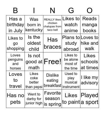 All About Me Bingo Card