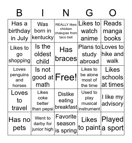 All About Me Bingo Card