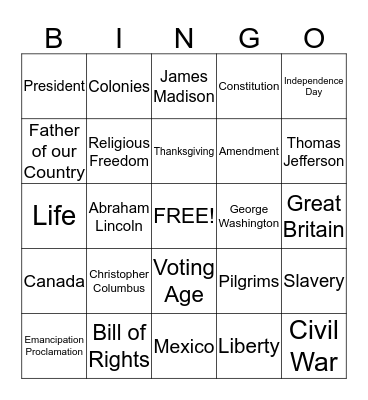 Citizenship Bingo Card