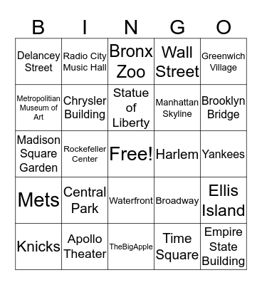 New York in a Minute Bingo Card