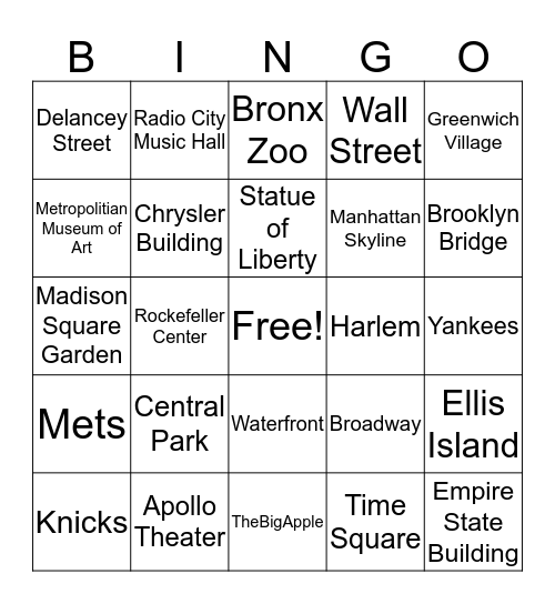 New York in a Minute Bingo Card