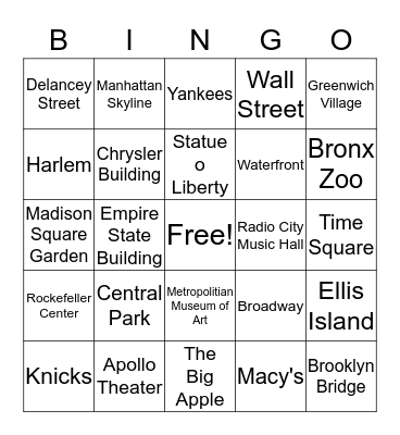 New York in a Minute Bingo Card