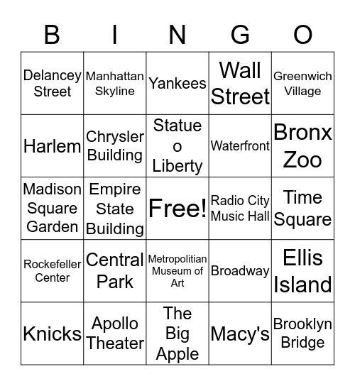 New York in a Minute Bingo Card