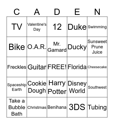 CADEN BINGO Card