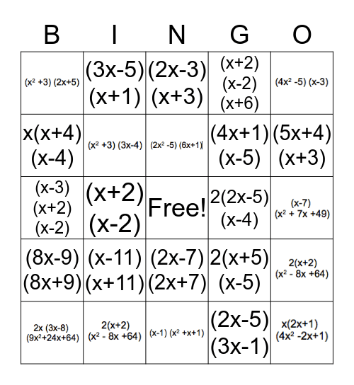 Factoring Bingo Bingo Card