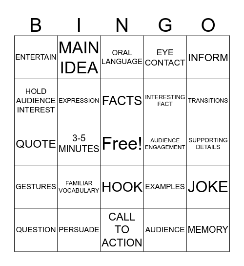 SPEECH BINGO!!!! Bingo Card