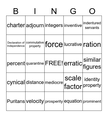 8th Grade Vocabulary Bingo Card