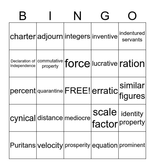 8th Grade Vocabulary Bingo Card