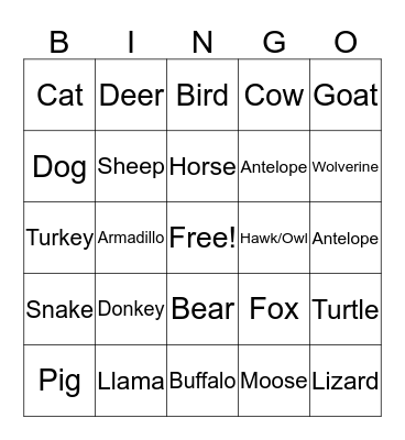 Animal Claims Bingo Card