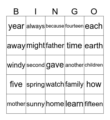 Common Words Bingo Card