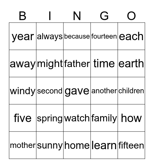 Common Words Bingo Card