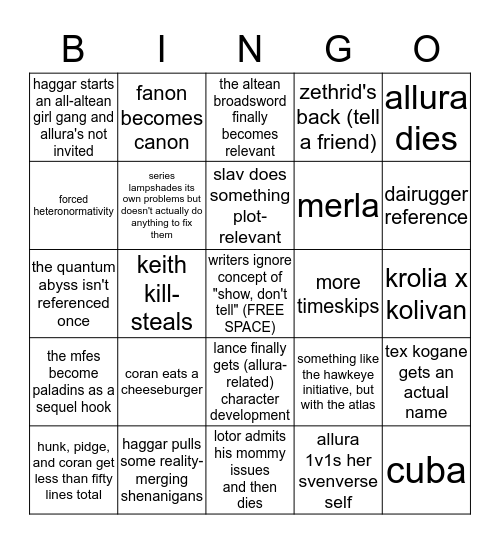 Voltron Season 8 Bingo Card