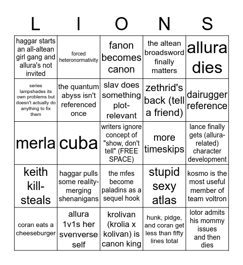 Voltron Season 8 Bingo Card