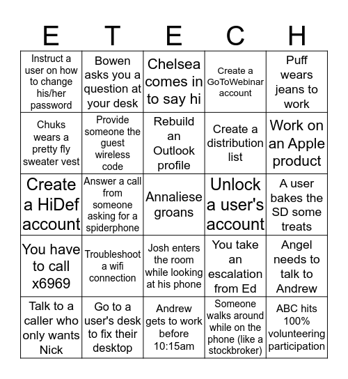 Service Desk Bingo 2: The Re-bingoing Bingo Card