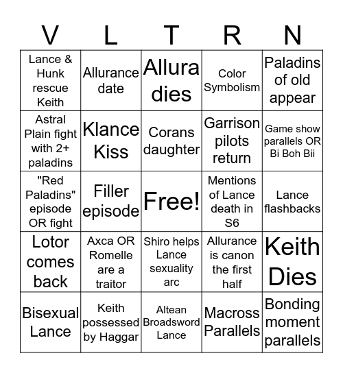 Voltron Season 8 Bingo Card