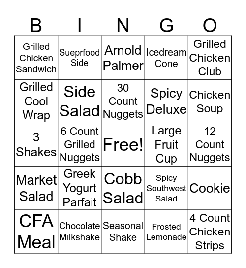 Chick-fil-A BINGO Card