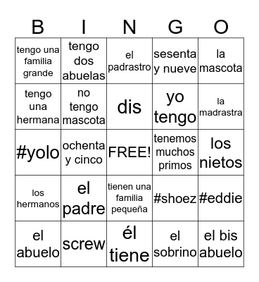 La familia , el verbo tener y números Bingo Card
