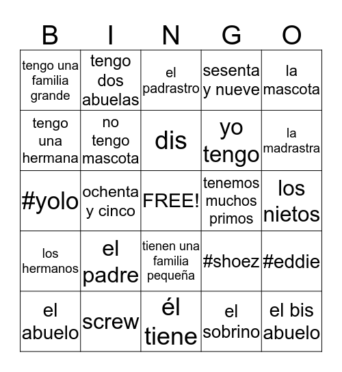 La familia , el verbo tener y números Bingo Card