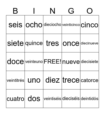 Spanish Number Bingo Card