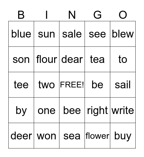 Homophone Bingo Card