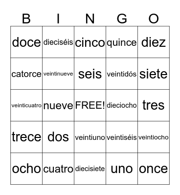 Spanish Number Bingo Card