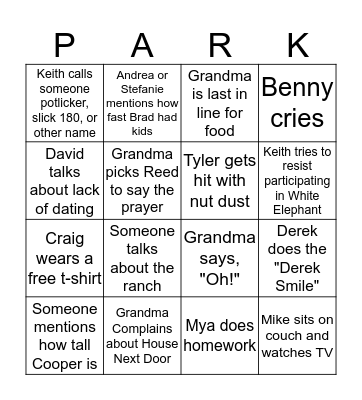 Park Christmas Party Bingo Card