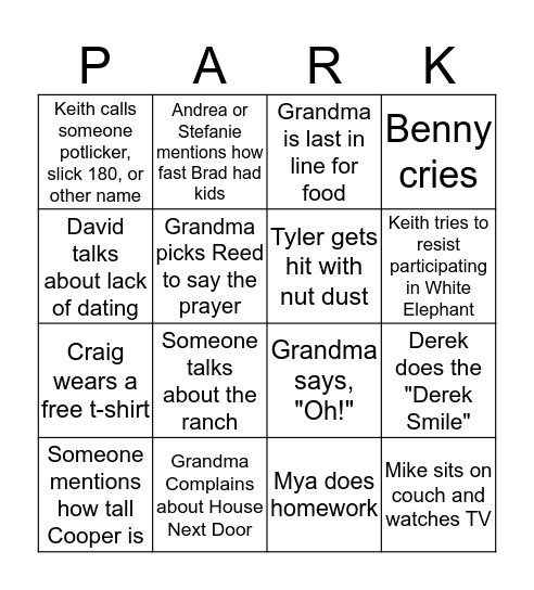 Park Christmas Party Bingo Card