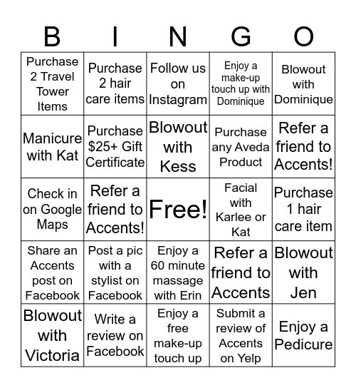 Accents Salon & Spa Winter Bingo Challenge Bingo Card