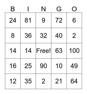 Multiplication Bingo Card