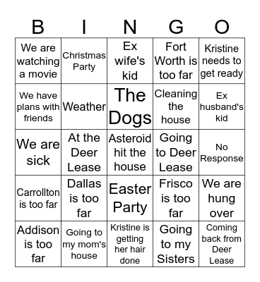 Irish Terry Excuse Bingo Card